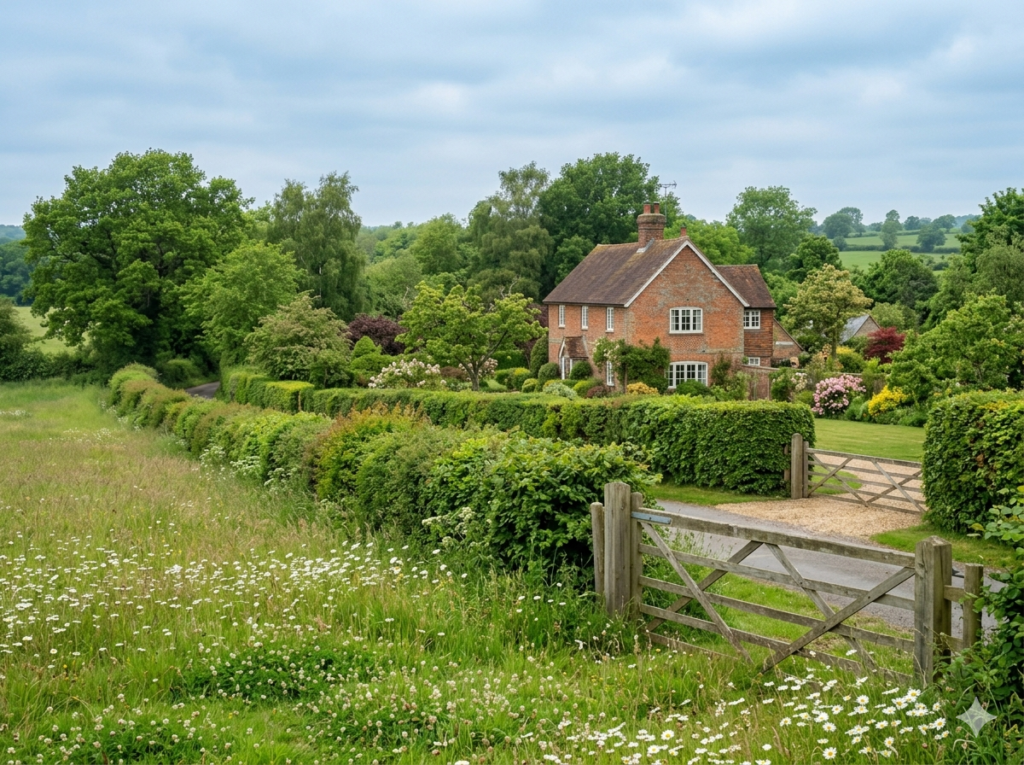 Narrow single-track private lane in Meopham with hedgerows on both sides