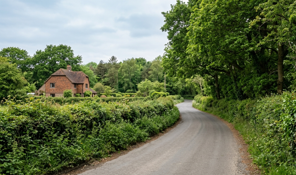Country lane through Meopham village with detached houses set back behind hedgerows