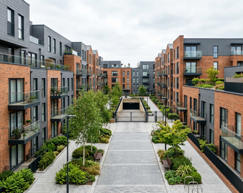 Modern apartment blocks at the Ebbsfleet Garden City Harbour Village development in Northfleet