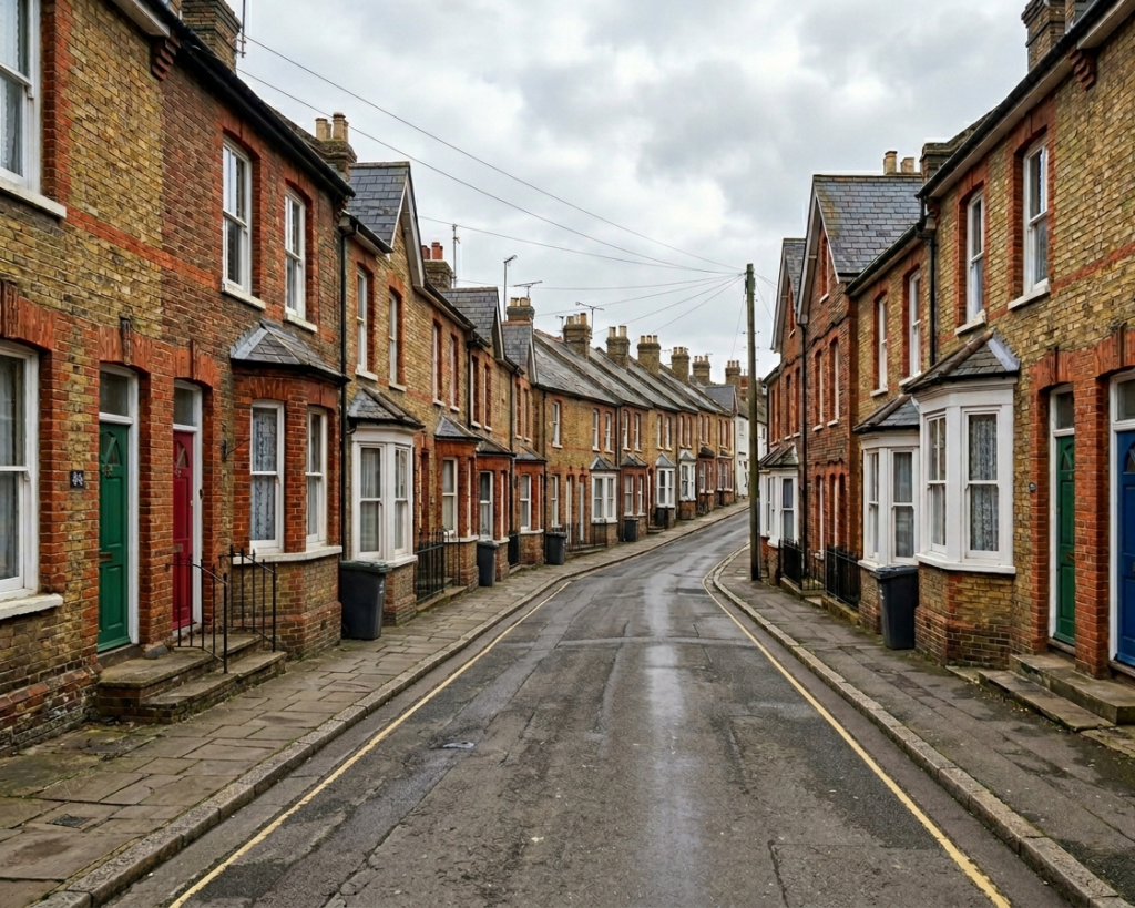 Steep narrow Victorian terraced street in old Northfleet with restricted parking