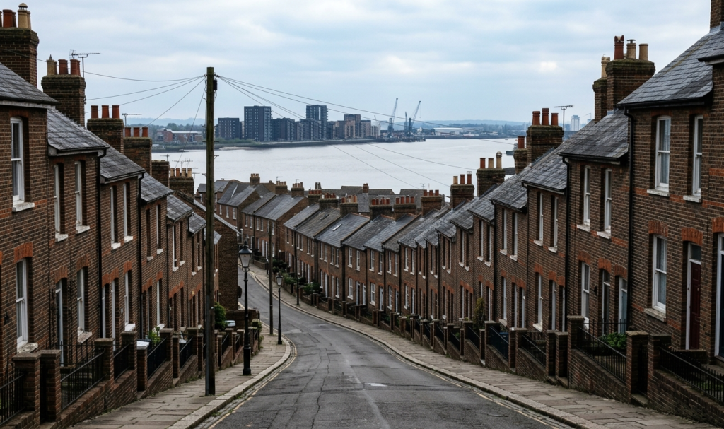 Hillside Northfleet terraced street looking out over the Thames with new build silhouettes in the distance