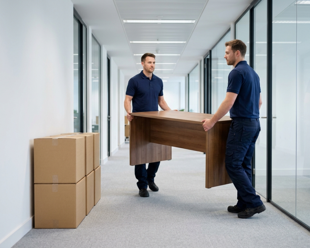 Two removal workers in navy uniforms carrying an office desk through a modern commercial workspace corridor