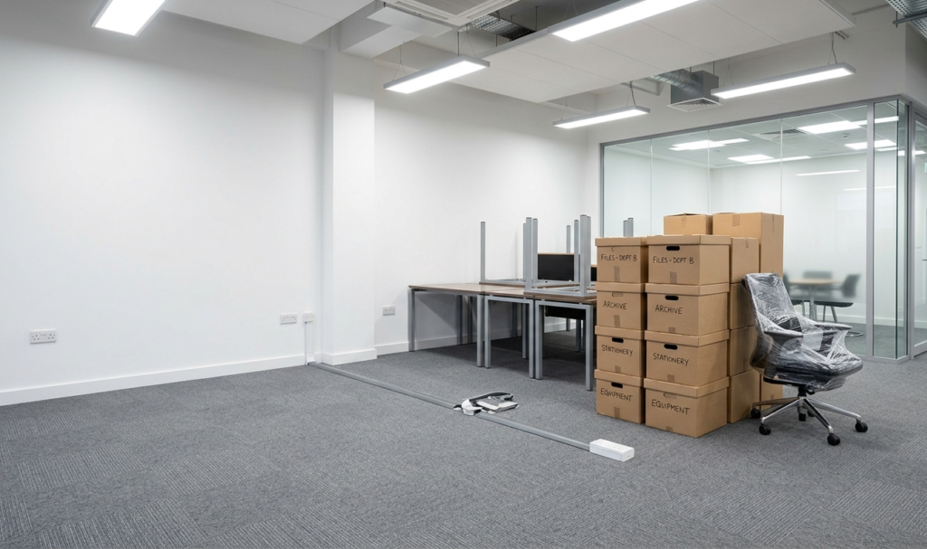 A modern office interior being relocated, with labelled boxes and empty desks
