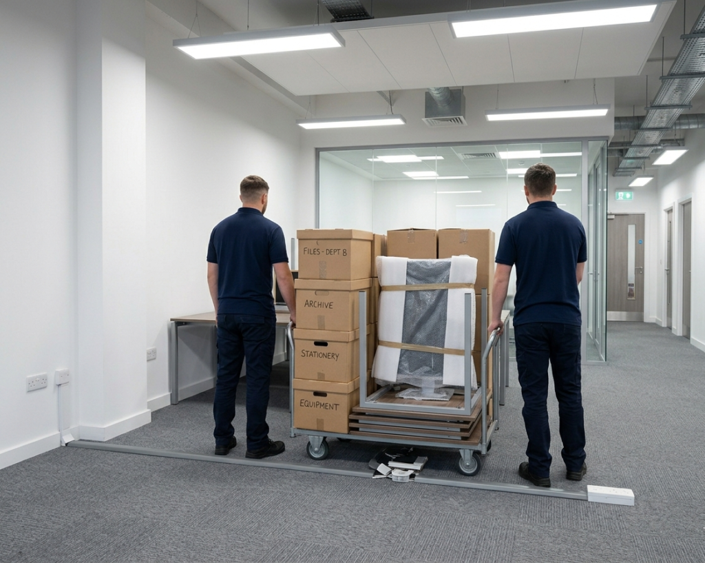 Removal crew wheeling office equipment and filing boxes through a corridor