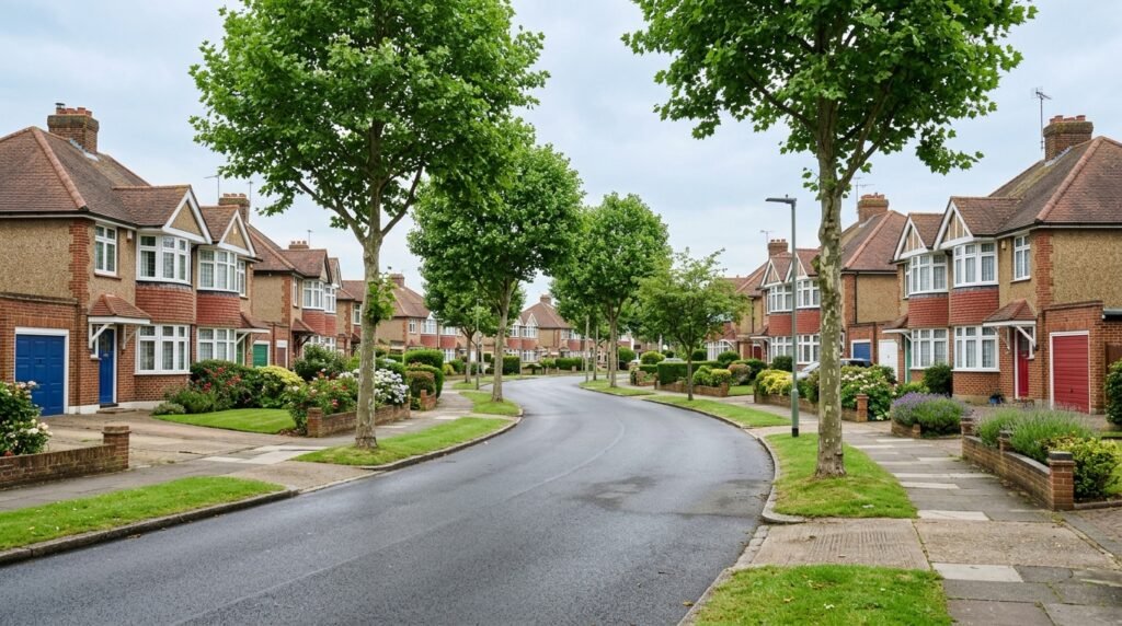 Suburban residential street in Orpington with 1930s semi-detached homes and mature trees