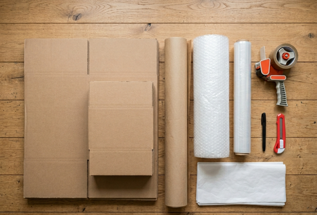  Professional packing materials laid out — boxes, paper, bubble wrap, tape