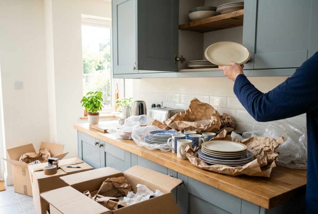 A kitchen being unpacked after a move with items placed on countertop