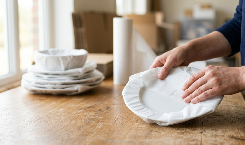 Hands carefully wrapping a porcelain plate in protective tissue paper