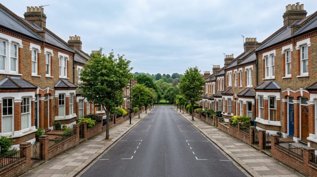 Victorian terraced street in Penge with bay-windowed period houses and Crystal Palace Park visible in the distance