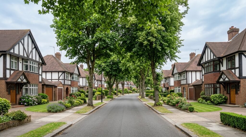 Tree-lined Petts Wood residential street with distinctive 1930s mock Tudor revival semi-detached houses
