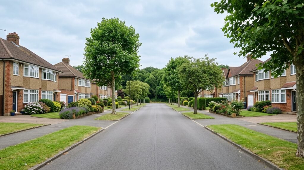 Established residential street in Selsdon with semi-detached family homes and woodland visible at the end