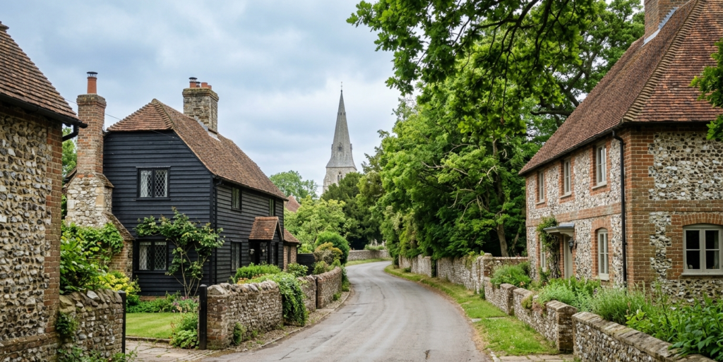 Conservation area street in Shorne village with traditional weatherboarded and brick listed properties