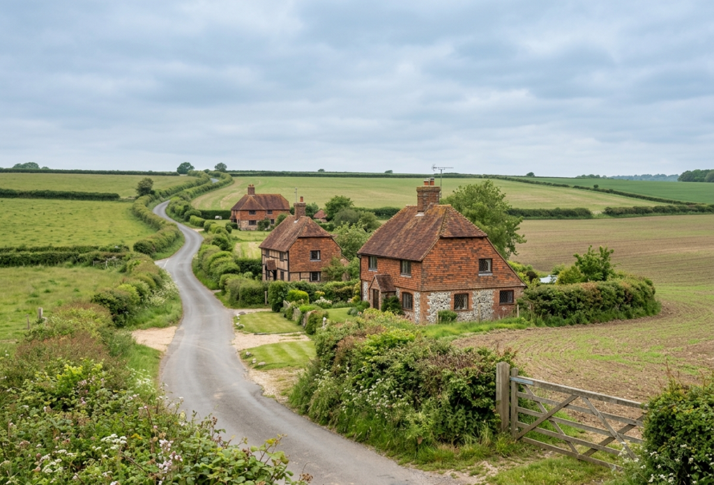 Remote rural hamlet near Southfleet with scattered cottages along a single-track country lane