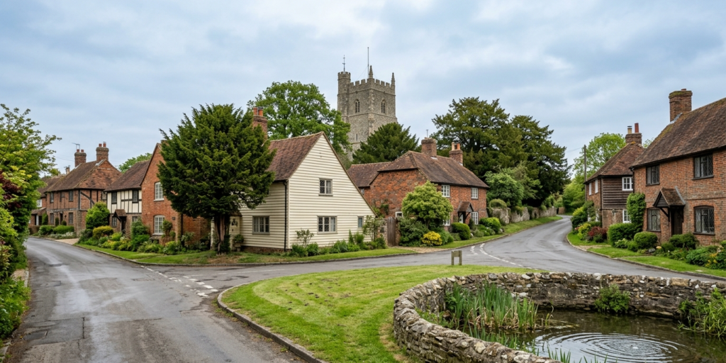 Quiet village crossroads in Southfleet with medieval church tower visible behind weatherboarded cottages