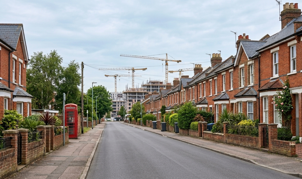 Stone village street with Victorian terraces and a new-build development visible in the distance