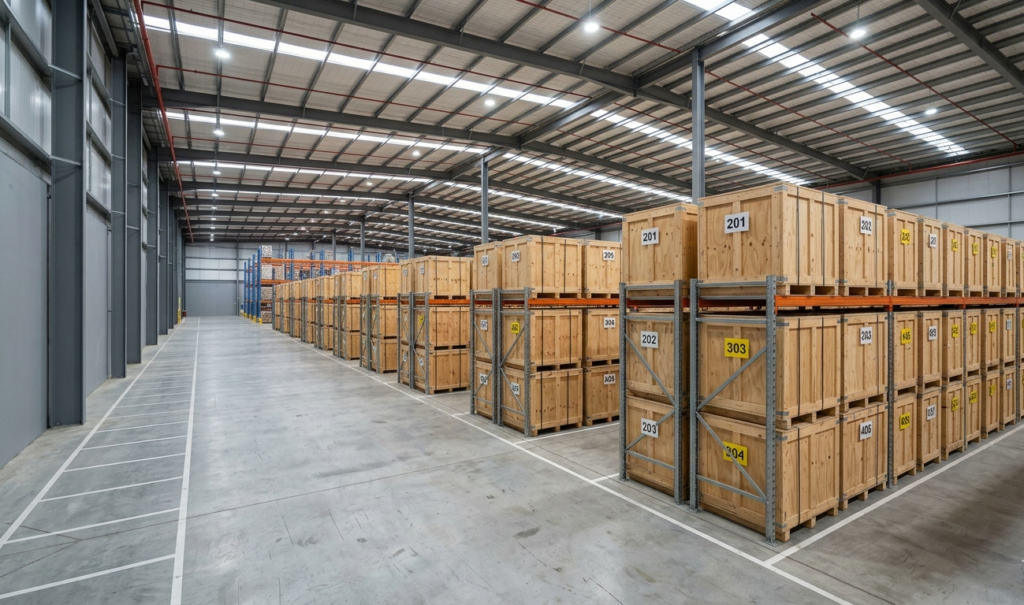 Organised removal storage facility with numbered timber storage containers
