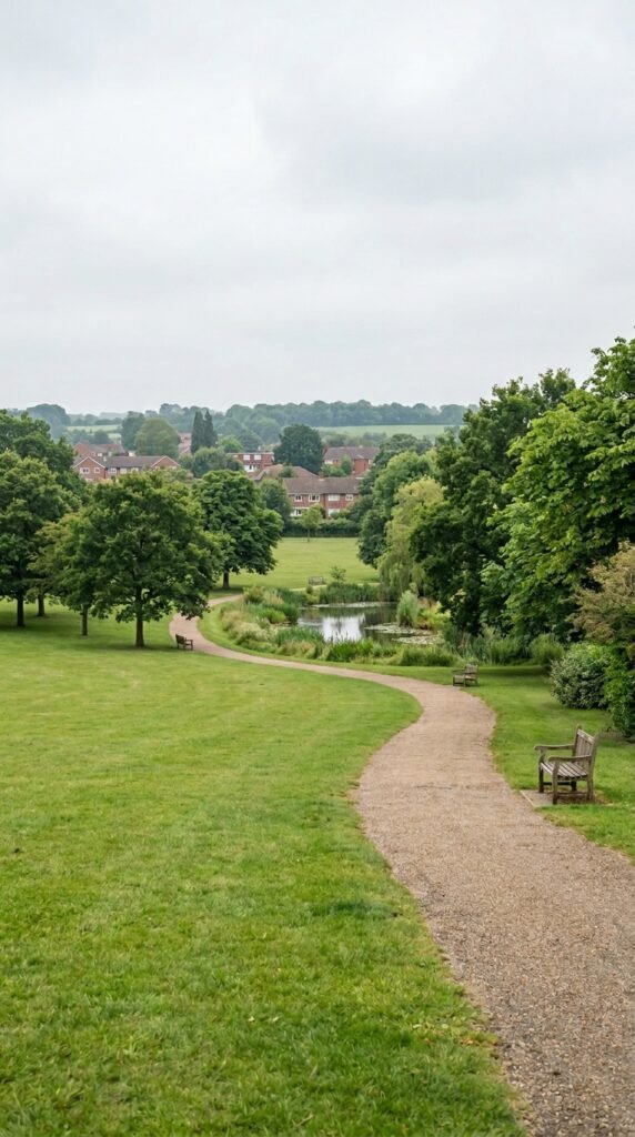 Mature public parkland in Swanley with oak and chestnut trees and an ornamental pond