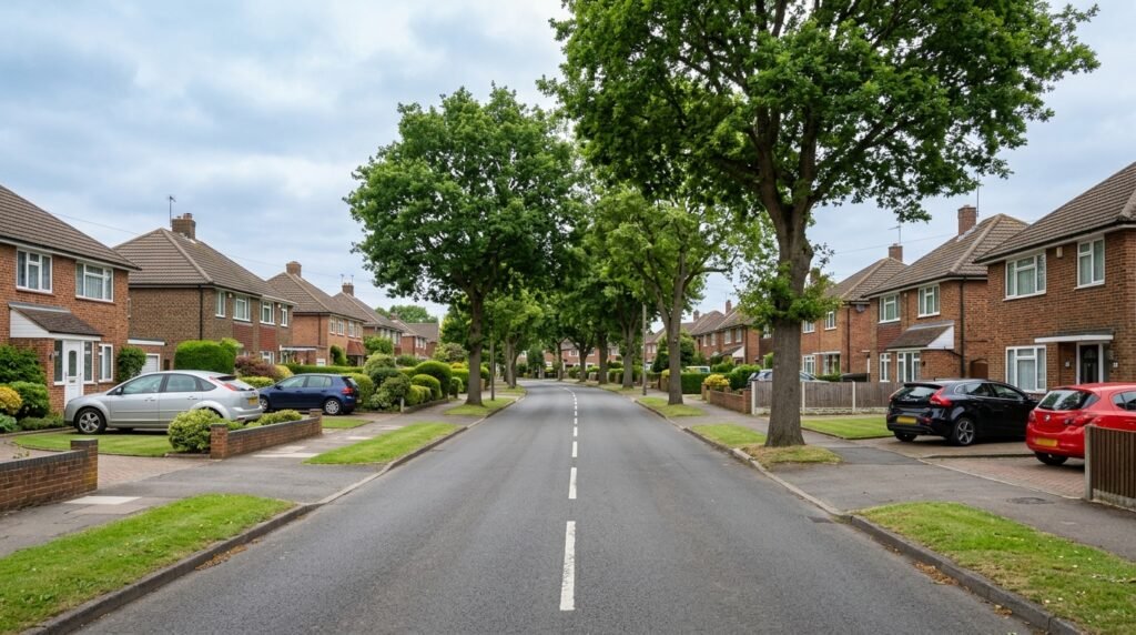Quiet residential street in Swanley with detached and semi-detached post-war houses