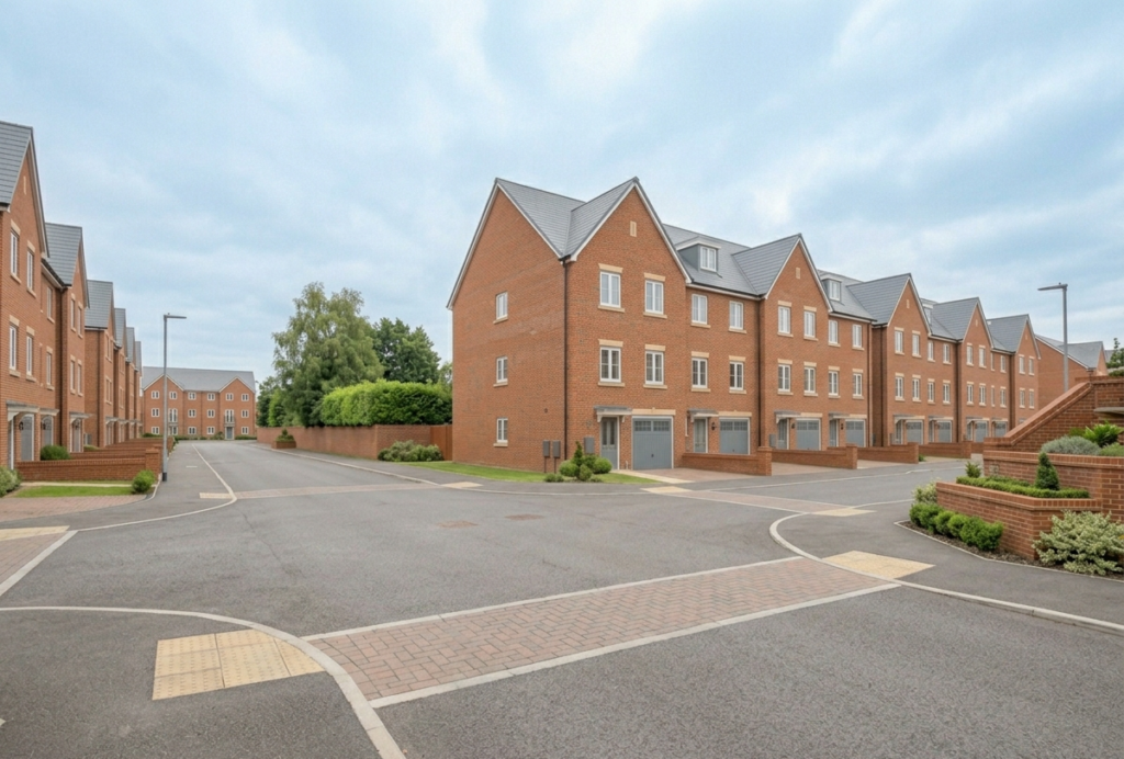 Modern new-build townhouse development in Swanscombe with three-storey brick homes