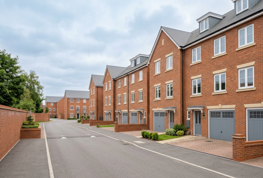 Modern new-build townhouse development in Swanscombe with three-storey brick homes