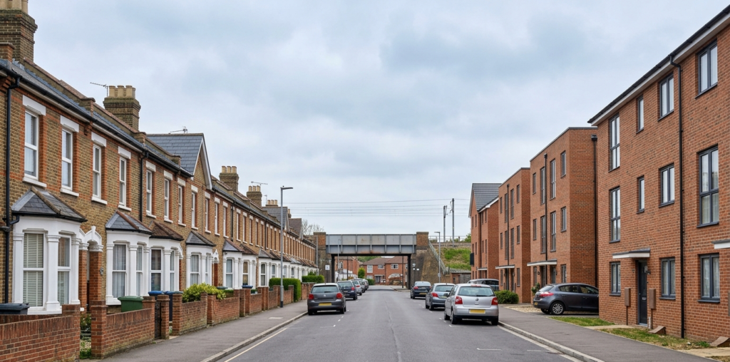 Residential street in Swanscombe with Victorian terraces opposite modern townhouse development