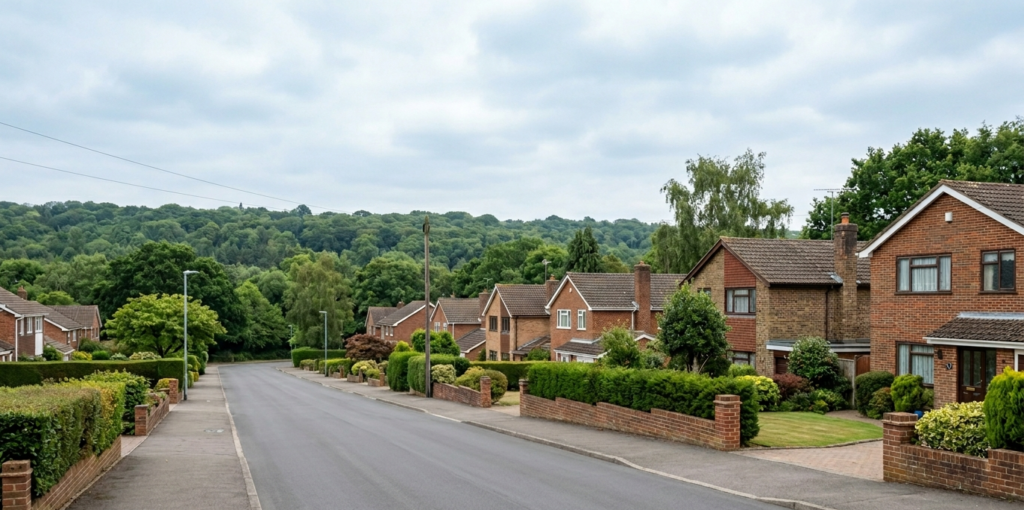 Hilltop residential street in Vigo Village with modern detached houses and chestnut woodland behind