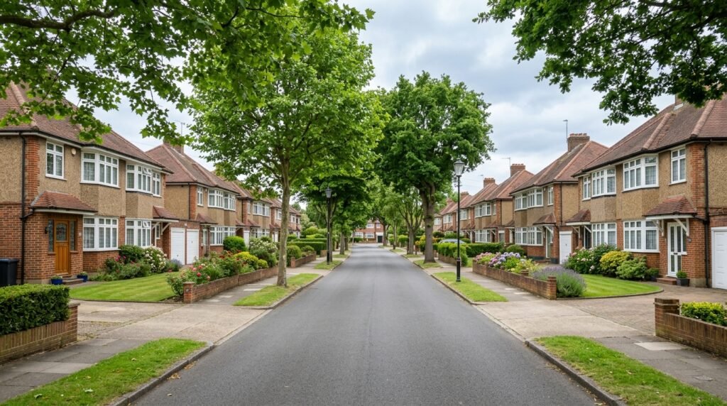 Established 1930s semi-detached street in West Wickham with pebbledash facades and mature trees