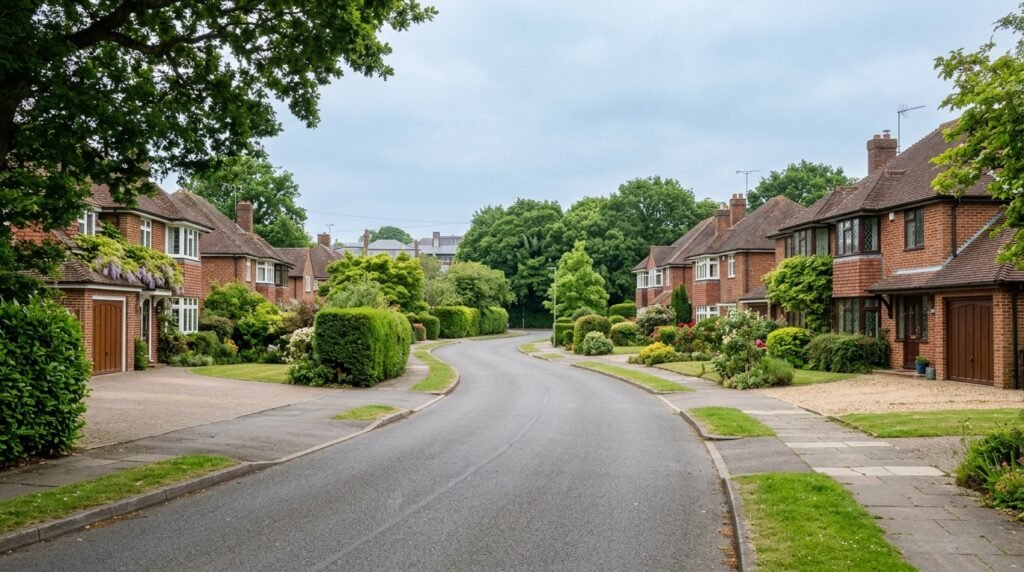 Leafy residential street in Wilmington with substantial 1930s detached homes near the grammar schools