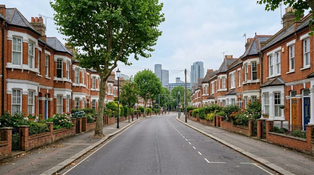 Tree-lined Victorian street in Addiscombe with tram infrastructure and a modern East Croydon tower visible in the distance