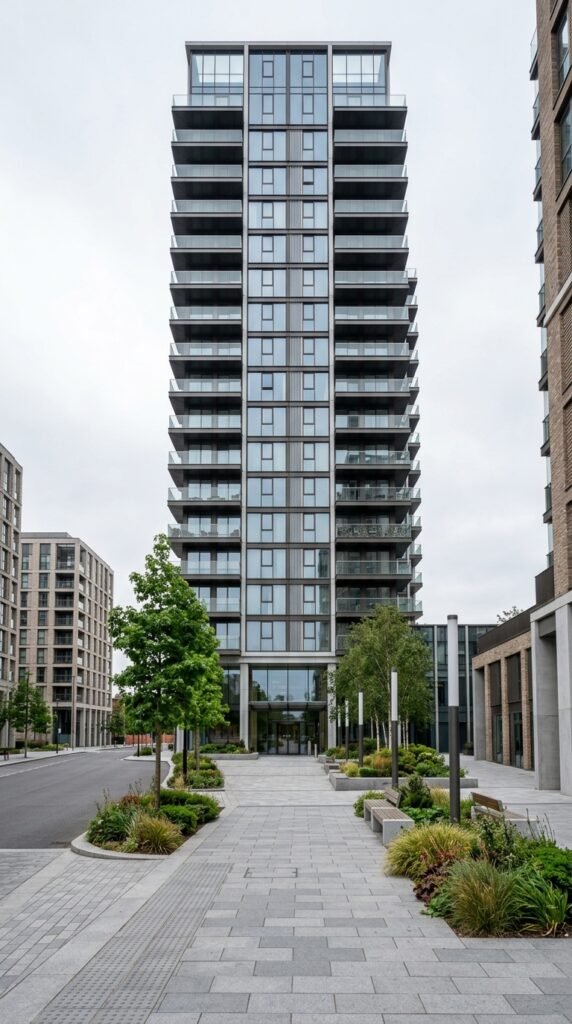 Modern residential high-rise apartment tower in the East Croydon regeneration area near Addiscombe