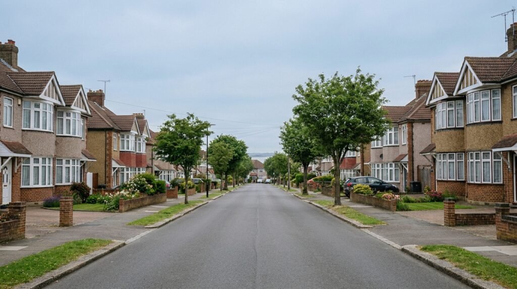 Residential street of 1930s semi-detached homes in Bexley with the Thames estuary visible in the distance