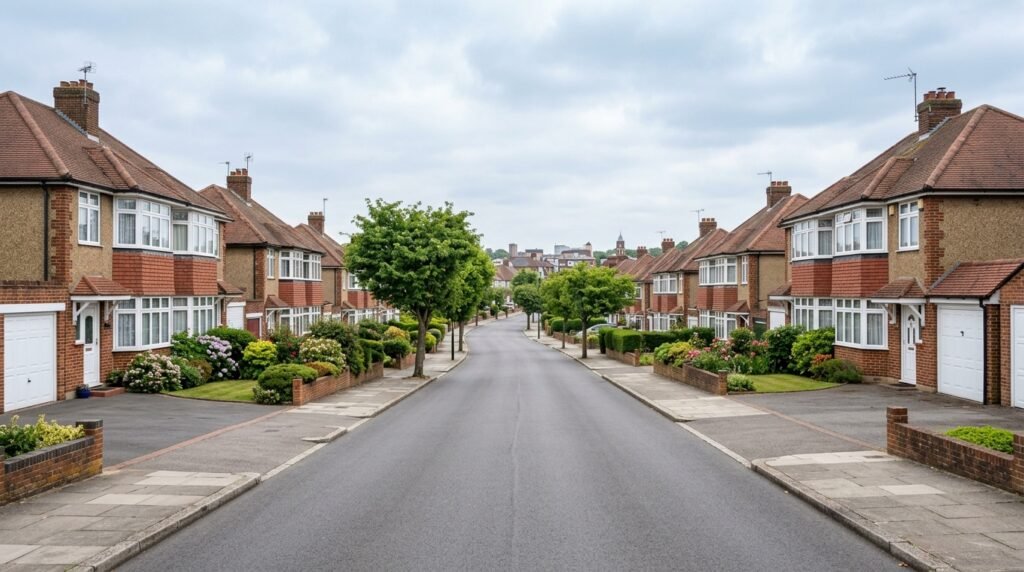 Residential street of 1930s semi-detached homes in Bexleyheath with the town centre skyline visible in the distance