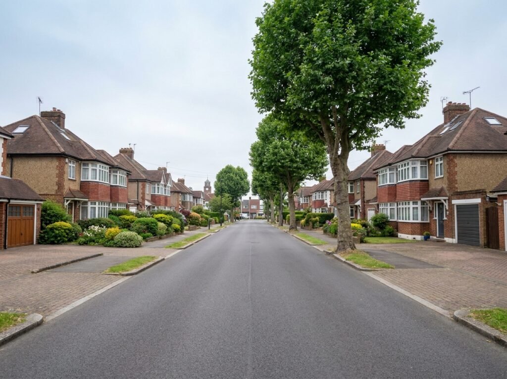 Residential street in Bexleyheath with 1930s semi-detached family homes near the Broadway