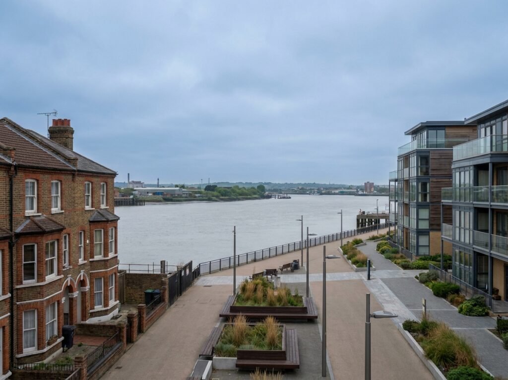 Erith riverside with Victorian terraces and modern regeneration development by the Thames