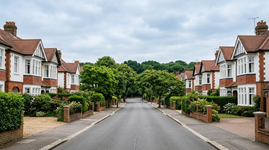 Wide tree-lined road of Edwardian Corbett houses in Eltham Park SE9 with Oxleas Woods in the distance