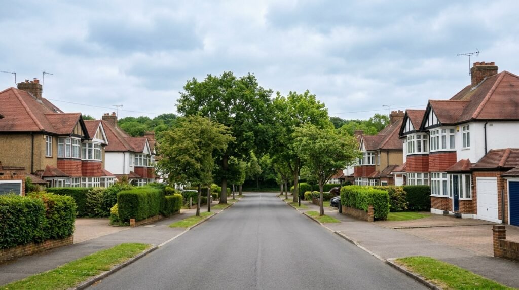 Leafy residential street of 1930s family homes in Eltham SE9 with woodland visible in the distance