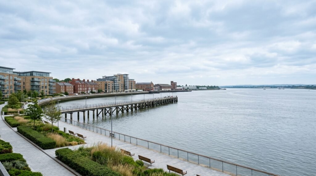 Erith riverside with London's longest pier stretching into the Thames Estuary and modern waterfront apartments