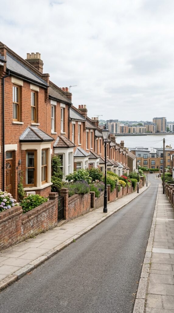 Victorian terraced street in Erith sloping toward the Thames with modern riverside development in the distance