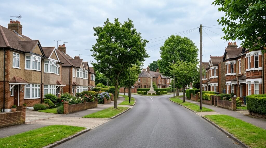 Mottingham SE9 residential street mixing 1930s estate houses with older period homes near the village