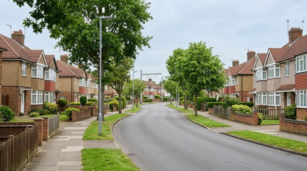 Curved residential street in the New Addington estate with semi-detached houses and Tramlink infrastructure visible