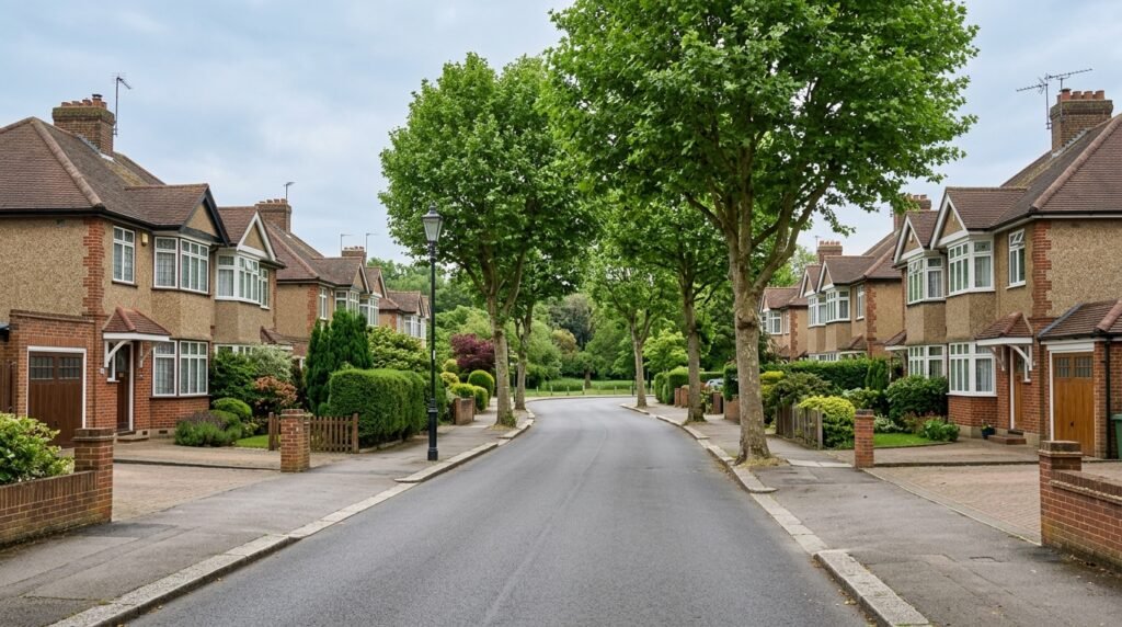 Quiet leafy street of 1930s family homes in New Eltham SE9 with Avery Hill Park visible in the distance