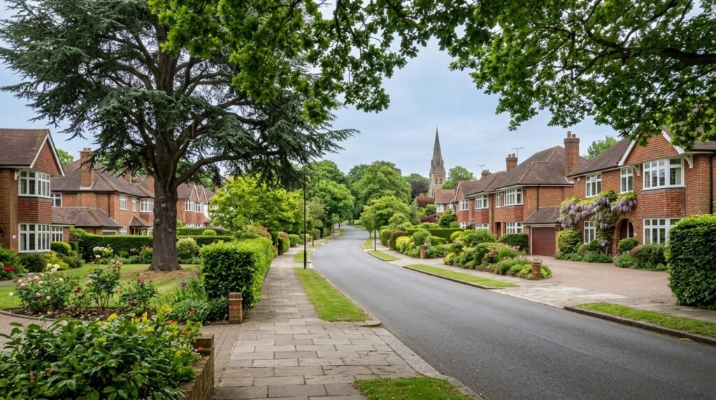 Tree-lined Sanderstead avenue with substantial 1920s and 1930s detached family homes and church spire visible in the distance