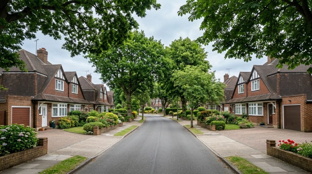 Leafy Sidcup road lined with 1930s chalet-style semi-detached family homes and mature trees