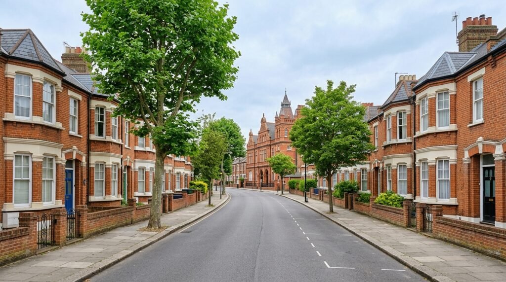 Victorian terraced street in South Norwood SE25 with period homes and Edwardian buildings visible in the distance