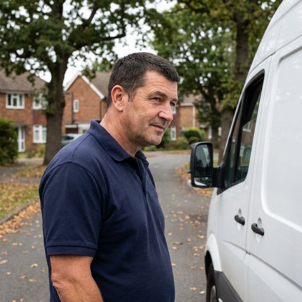 Tom Hartley, Hadley's Removals Bexley team lead, standing by a removal van