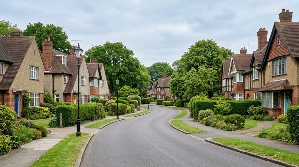  Garden-village style street on the Progress Estate in Well Hall Eltham SE9 with Arts and Crafts houses
