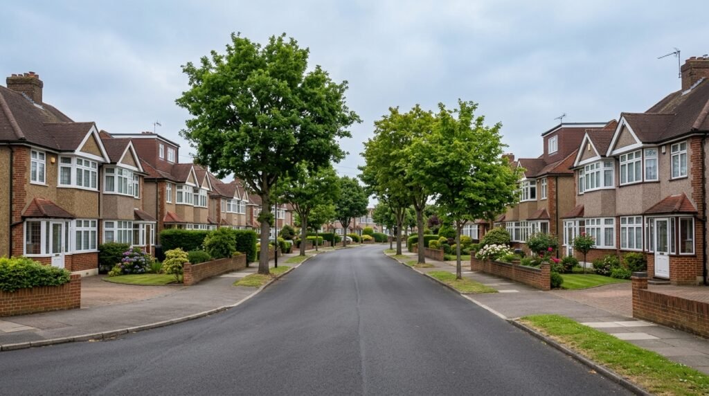 Residential street of 1930s semi-detached homes with loft conversions in Welling DA16